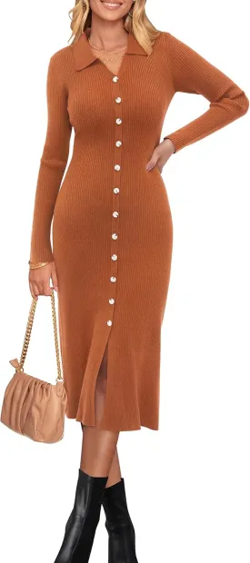 Newshows Womens Fall Sweater Dress 2024 Long Sleeve Oufits Trendy Bodycon Split V Neck Ribbed Knit Button Casual Midi Dresses