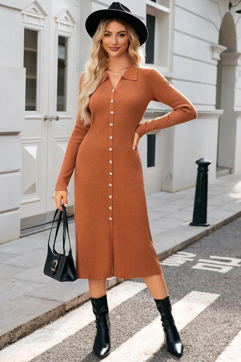 Newshows Womens Fall Sweater Dress 2024 Long Sleeve Oufits Trendy Bodycon Split V Neck Ribbed Knit Button Casual Midi Dresses