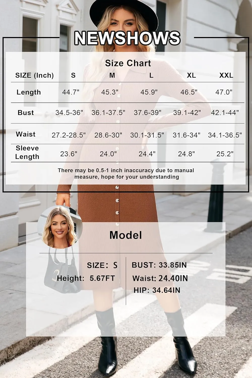 Newshows Womens Fall Sweater Dress 2024 Long Sleeve Oufits Trendy Bodycon Split V Neck Ribbed Knit Button Casual Midi Dresses