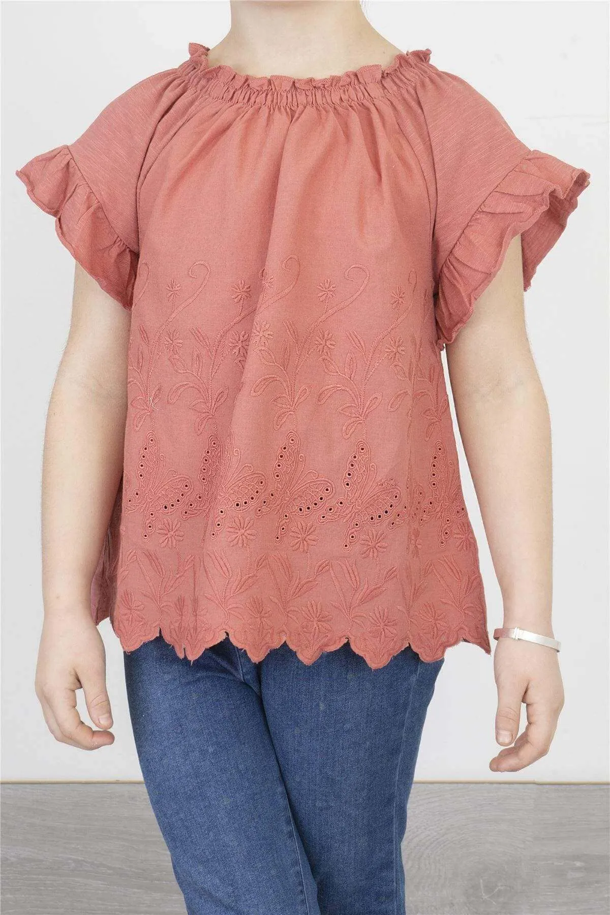 Next Girls Red Embroidered Short Sleeve Smocked Neck Top