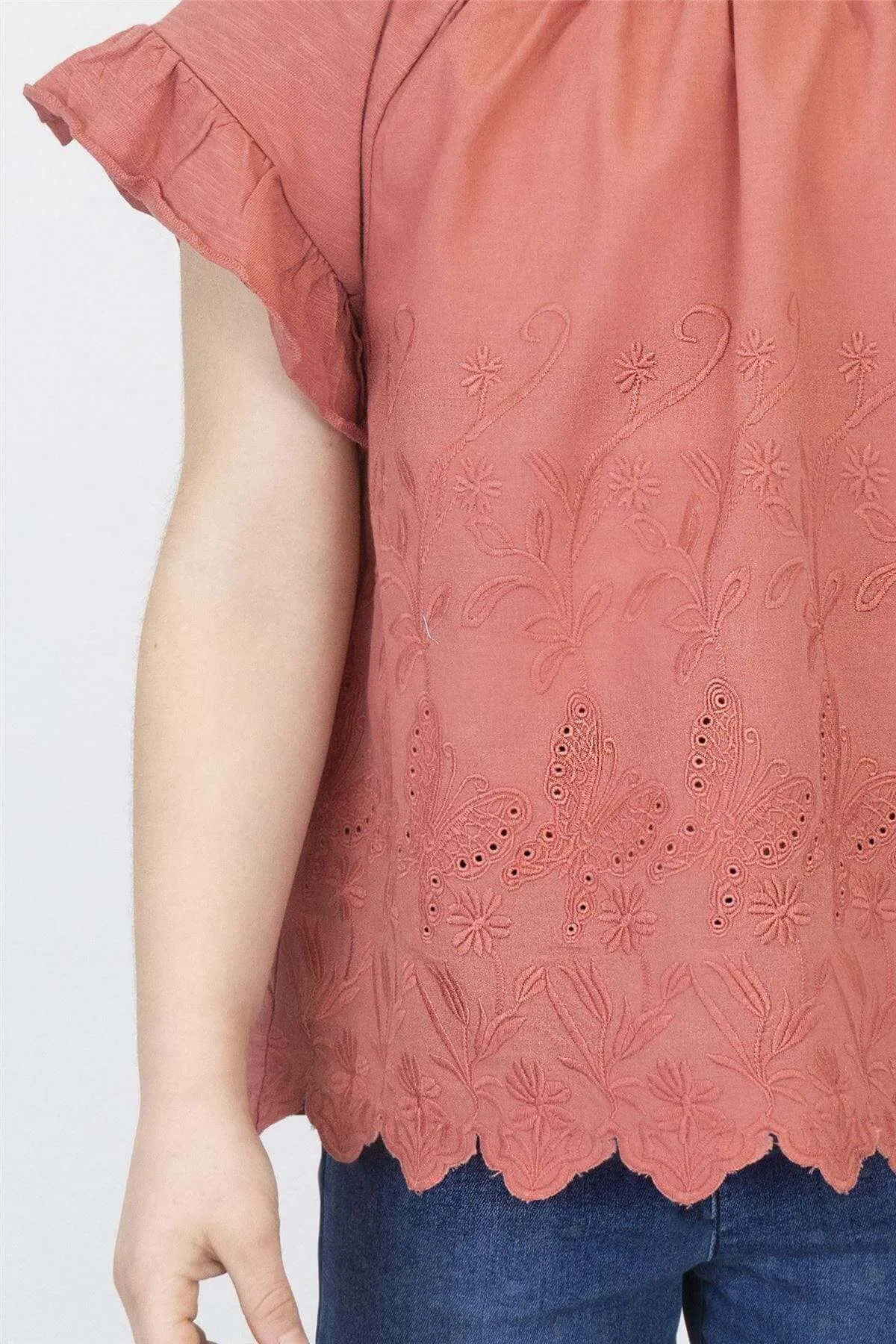 Next Girls Red Embroidered Short Sleeve Smocked Neck Top