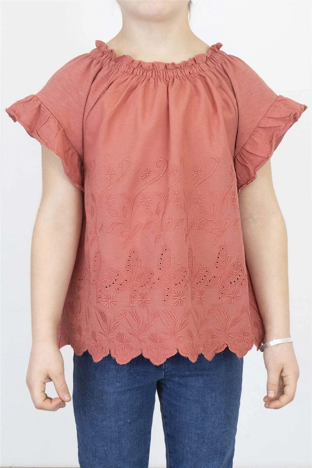 Next Girls Red Embroidered Short Sleeve Smocked Neck Top