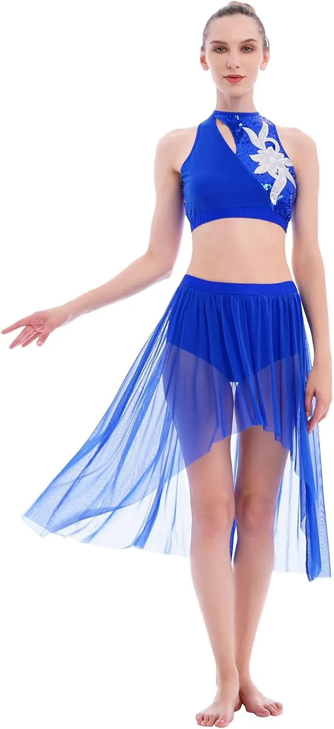 ODASDO Women 2 Piece Lyrical Dance Costume Adult Modern Contemporary Dancewear Sequin Crop Top Mesh Tulle Leotard Skirt