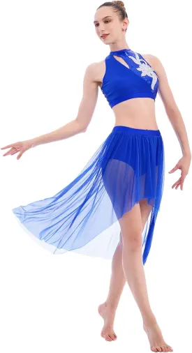 ODASDO Women 2 Piece Lyrical Dance Costume Adult Modern Contemporary Dancewear Sequin Crop Top Mesh Tulle Leotard Skirt