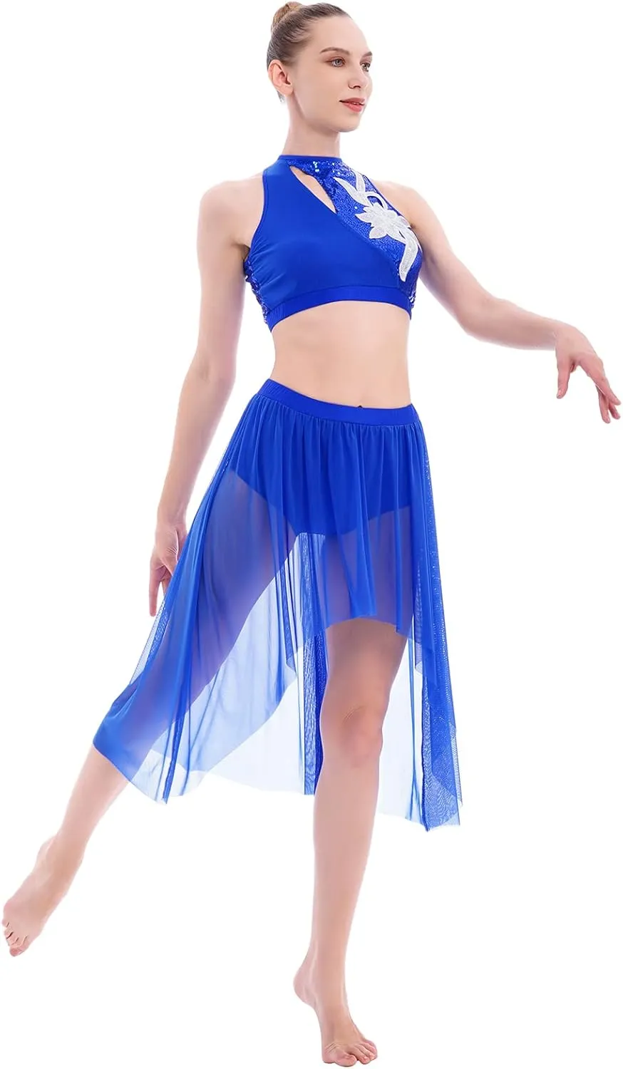 ODASDO Women 2 Piece Lyrical Dance Costume Adult Modern Contemporary Dancewear Sequin Crop Top Mesh Tulle Leotard Skirt