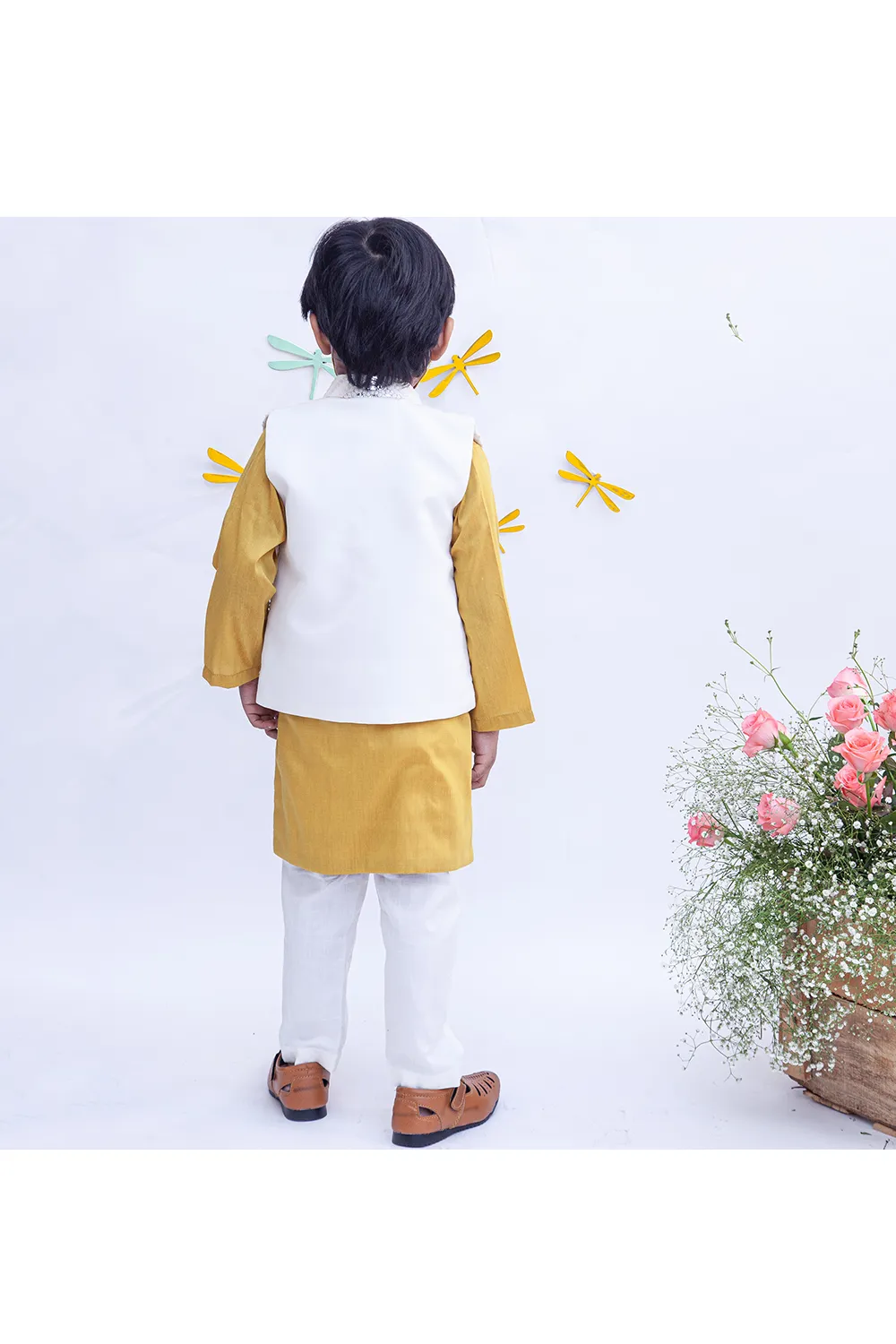 Off white embroidery nehru Jacket with mustard yellow kurta set