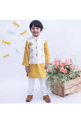 Off white embroidery nehru Jacket with mustard yellow kurta set