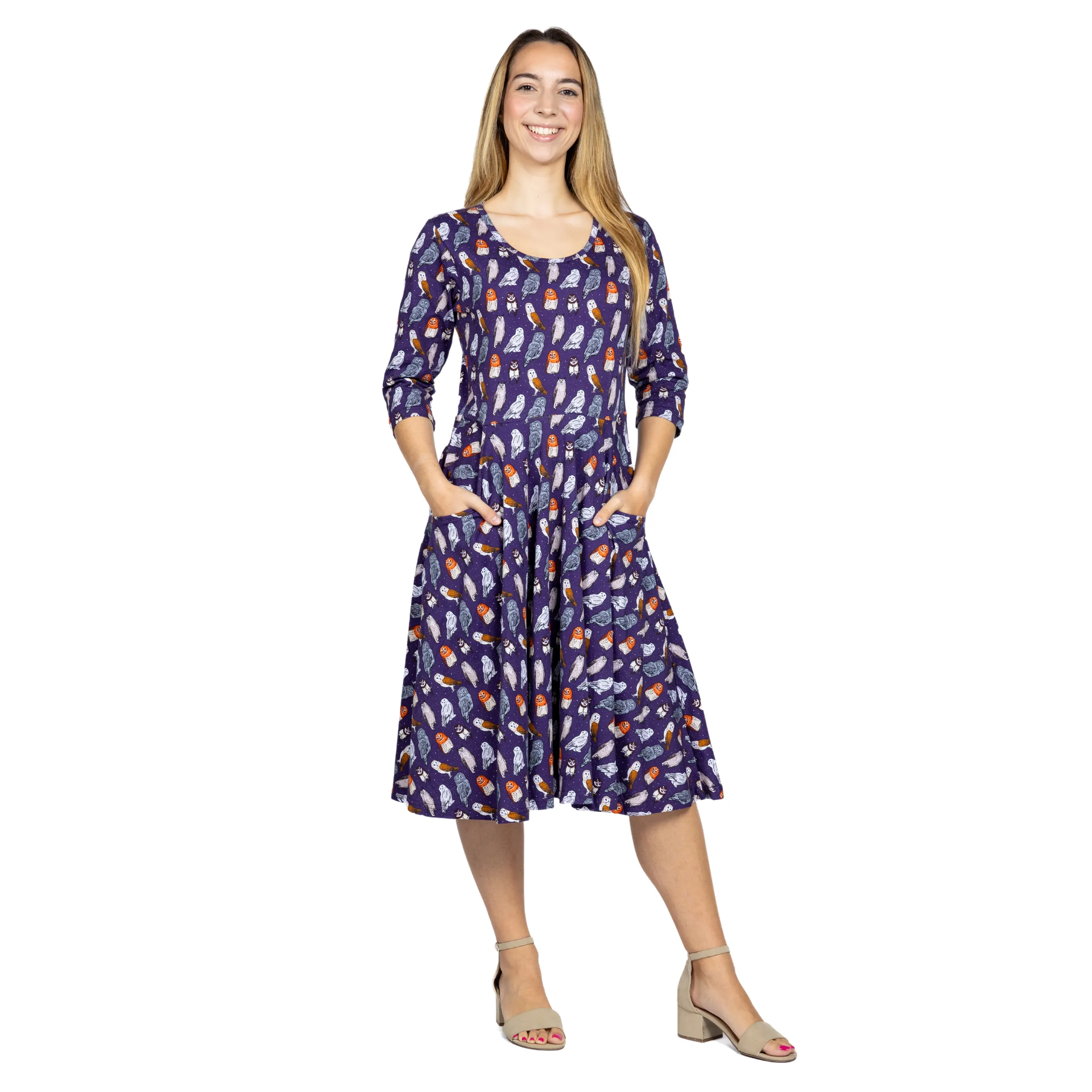 Owls 3/4th Sleeves Twirl Dress