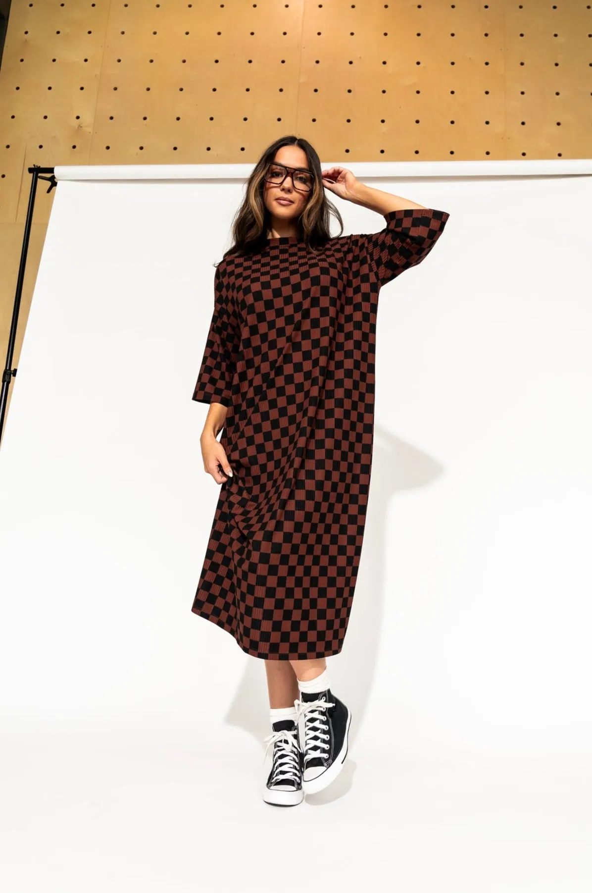 Ozzy Dress in Black   Mocha Checkerboard