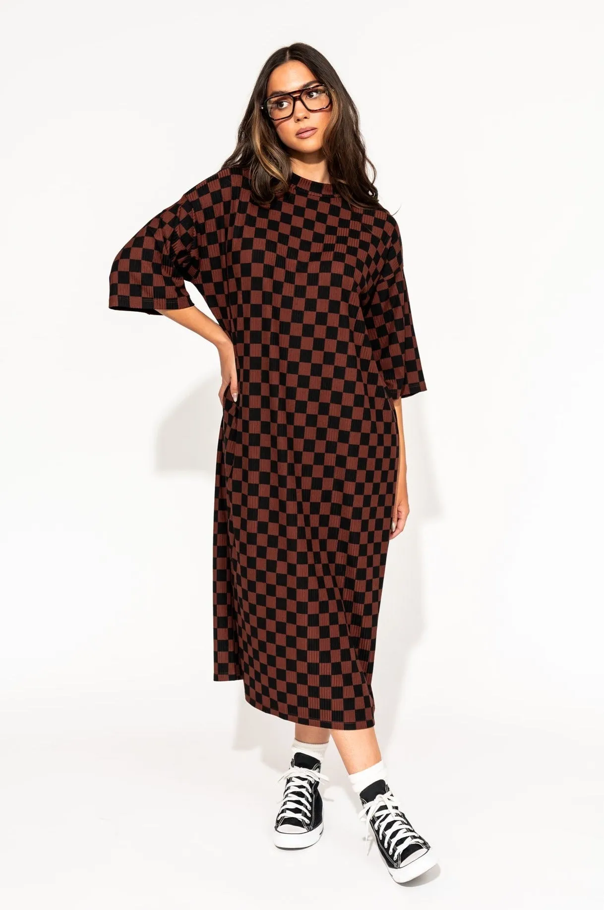 Ozzy Dress in Black   Mocha Checkerboard