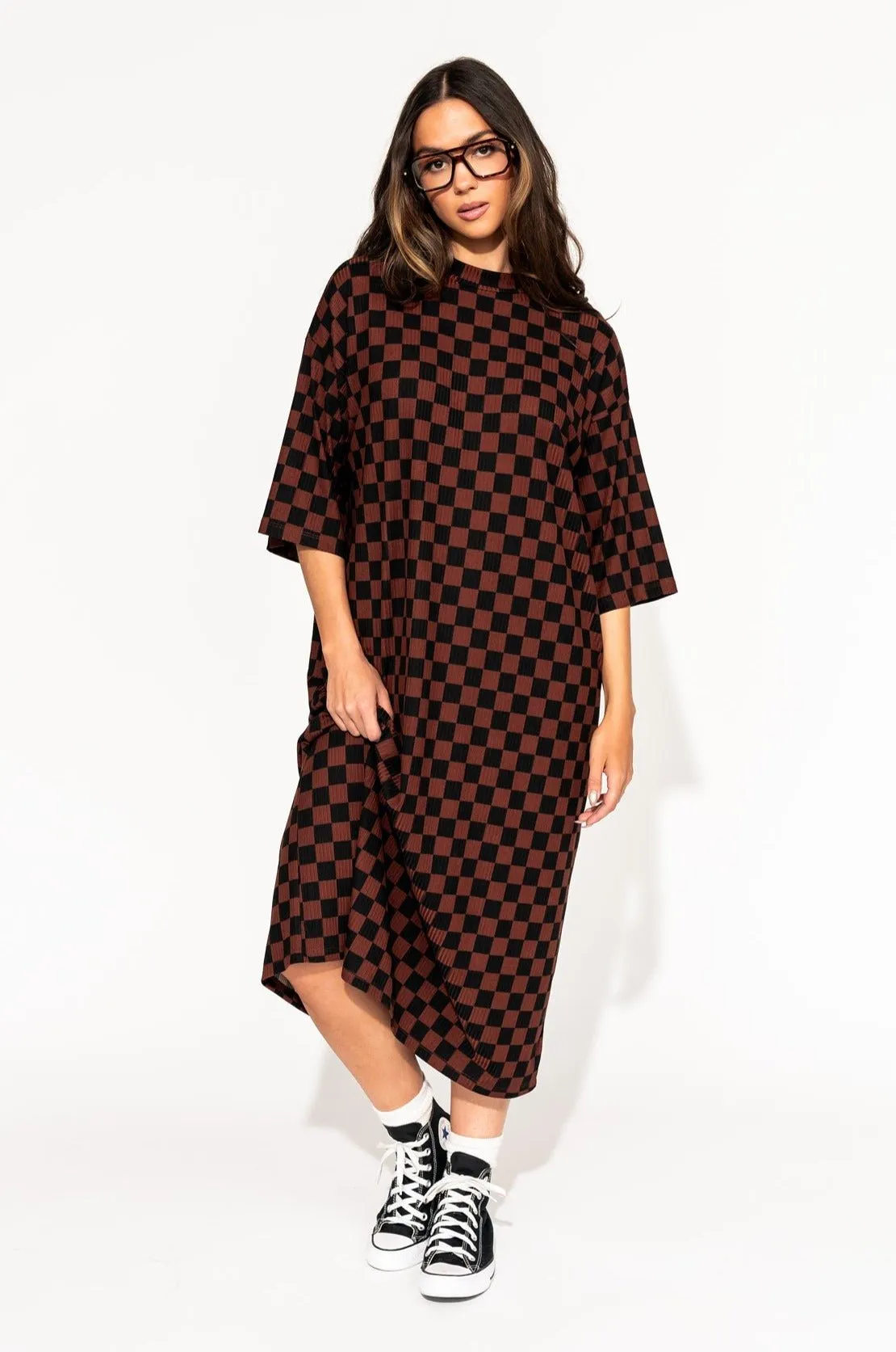 Ozzy Dress in Black   Mocha Checkerboard