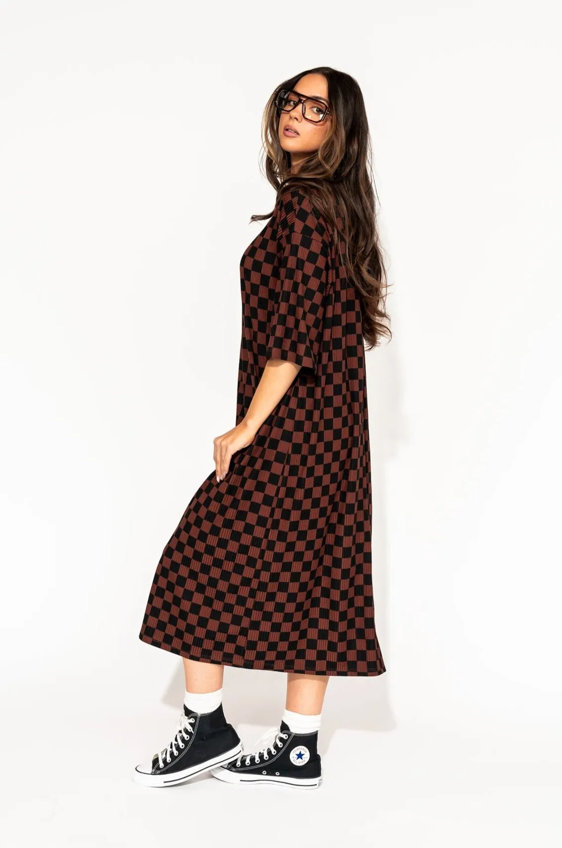 Ozzy Dress in Black   Mocha Checkerboard