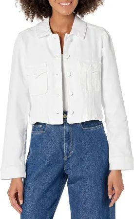 PAIGE Women's Pacey Cropped Denim Jacket Boxy Fit Utility Pocket Subtle Puff Sleeve in Crisp White