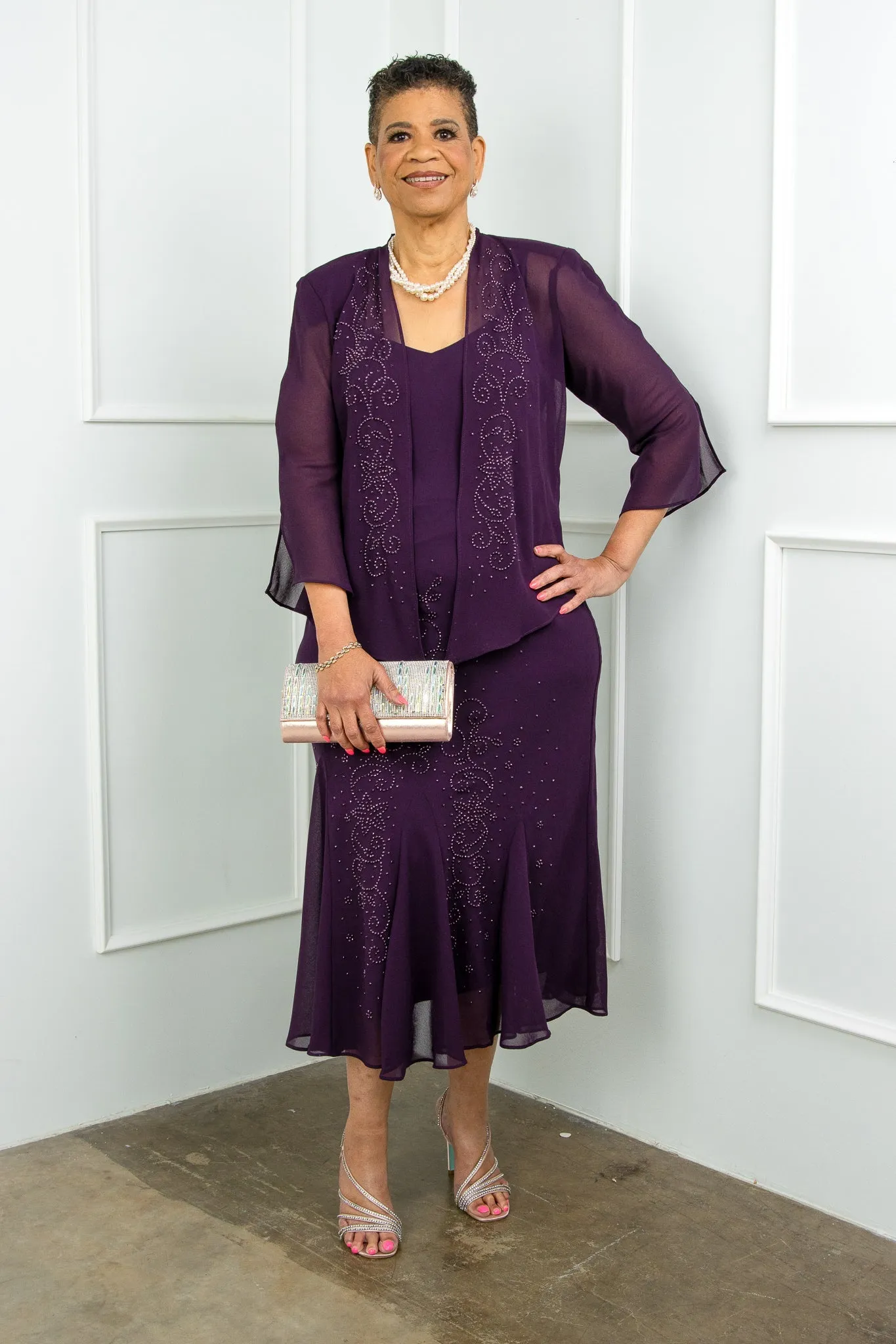 Petite Women's Beaded Chiffon Jacket Dress - Mother of The Bride Dress