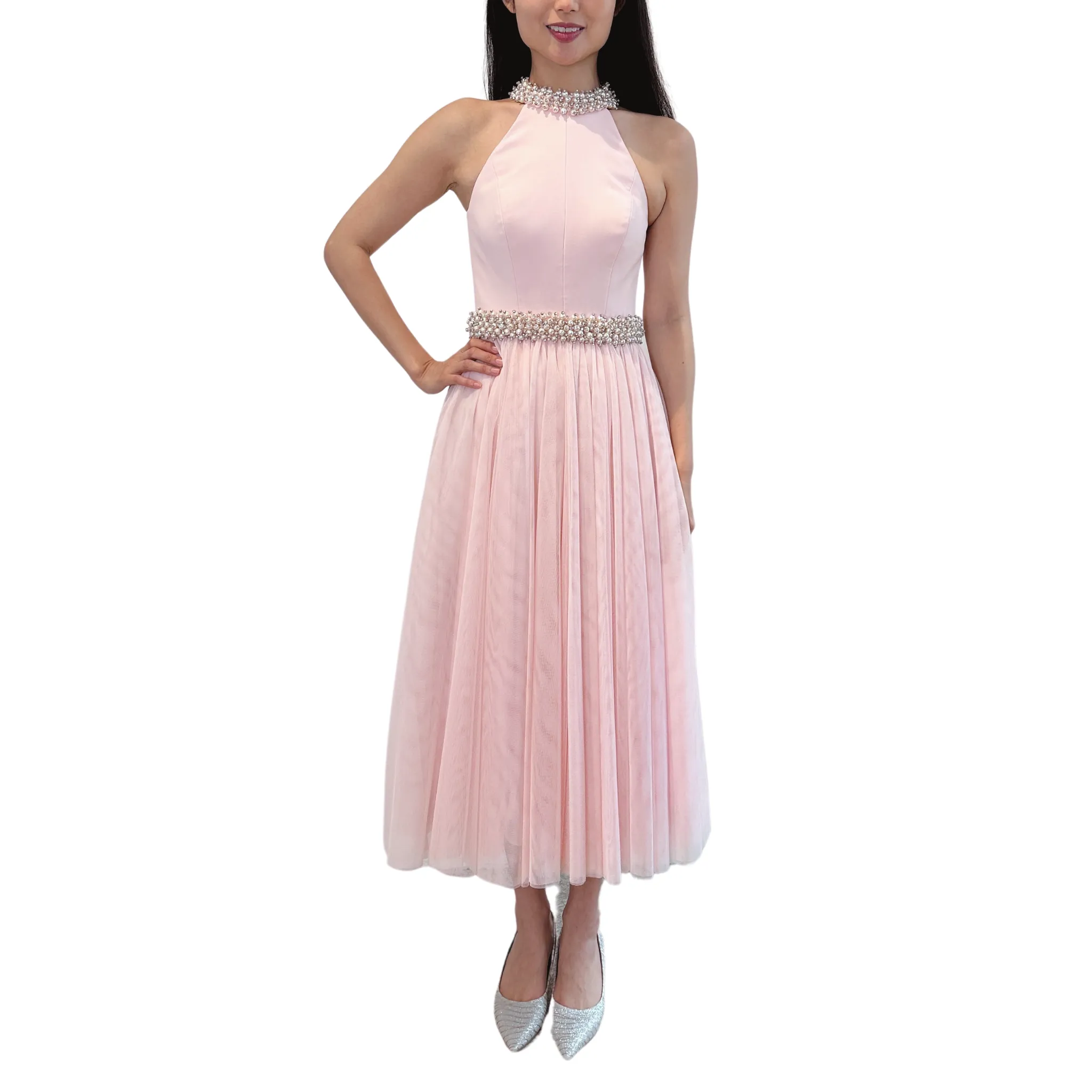 Pink Alisot Pearl Embellished Midi Dress