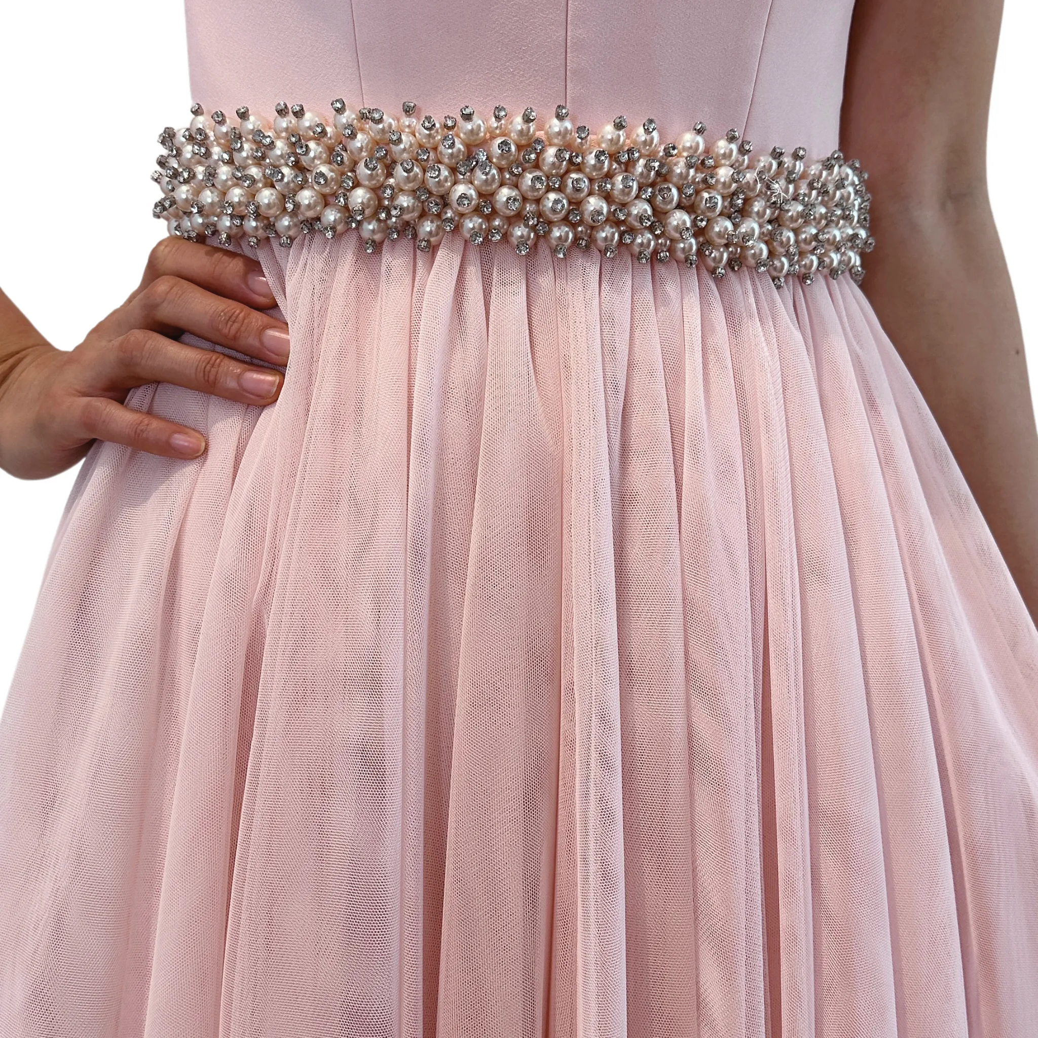 Pink Alisot Pearl Embellished Midi Dress