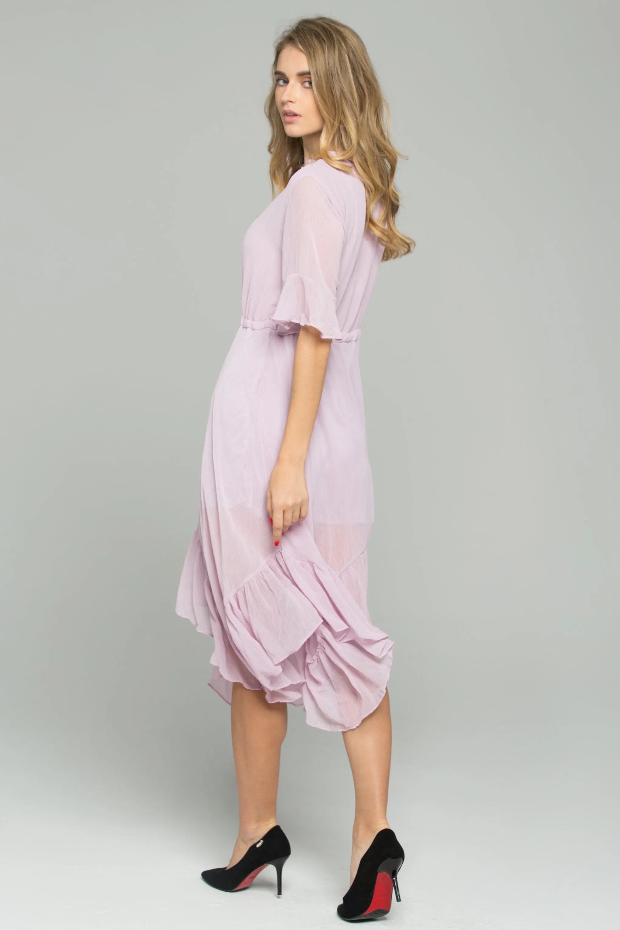 Pink Drawstring V-Neck Ruffled Midi Dress