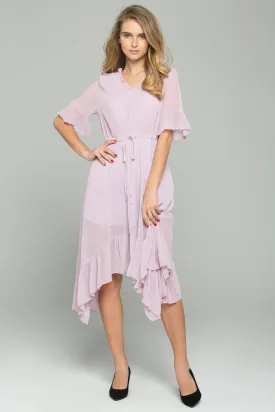 Pink Drawstring V-Neck Ruffled Midi Dress