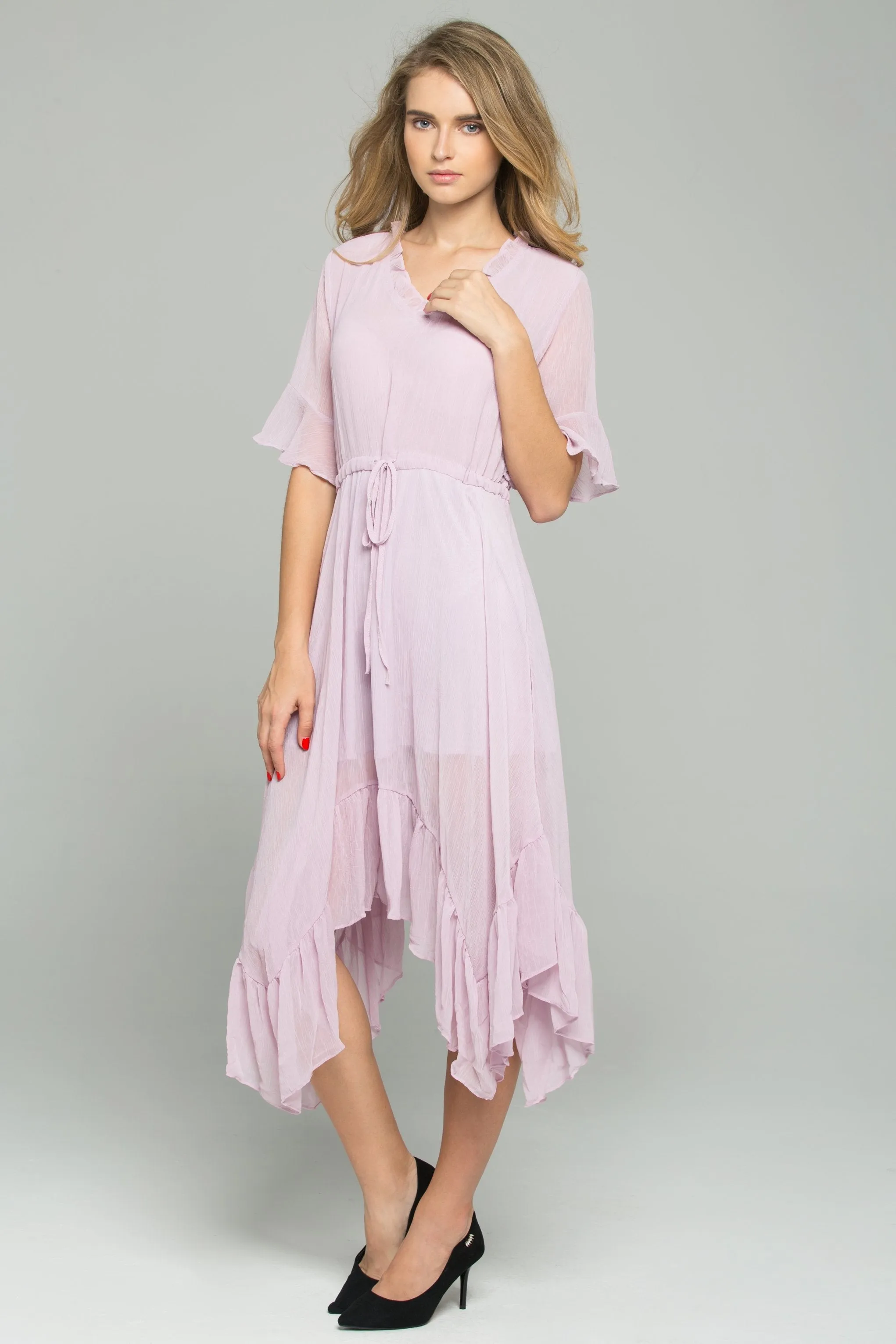 Pink Drawstring V-Neck Ruffled Midi Dress