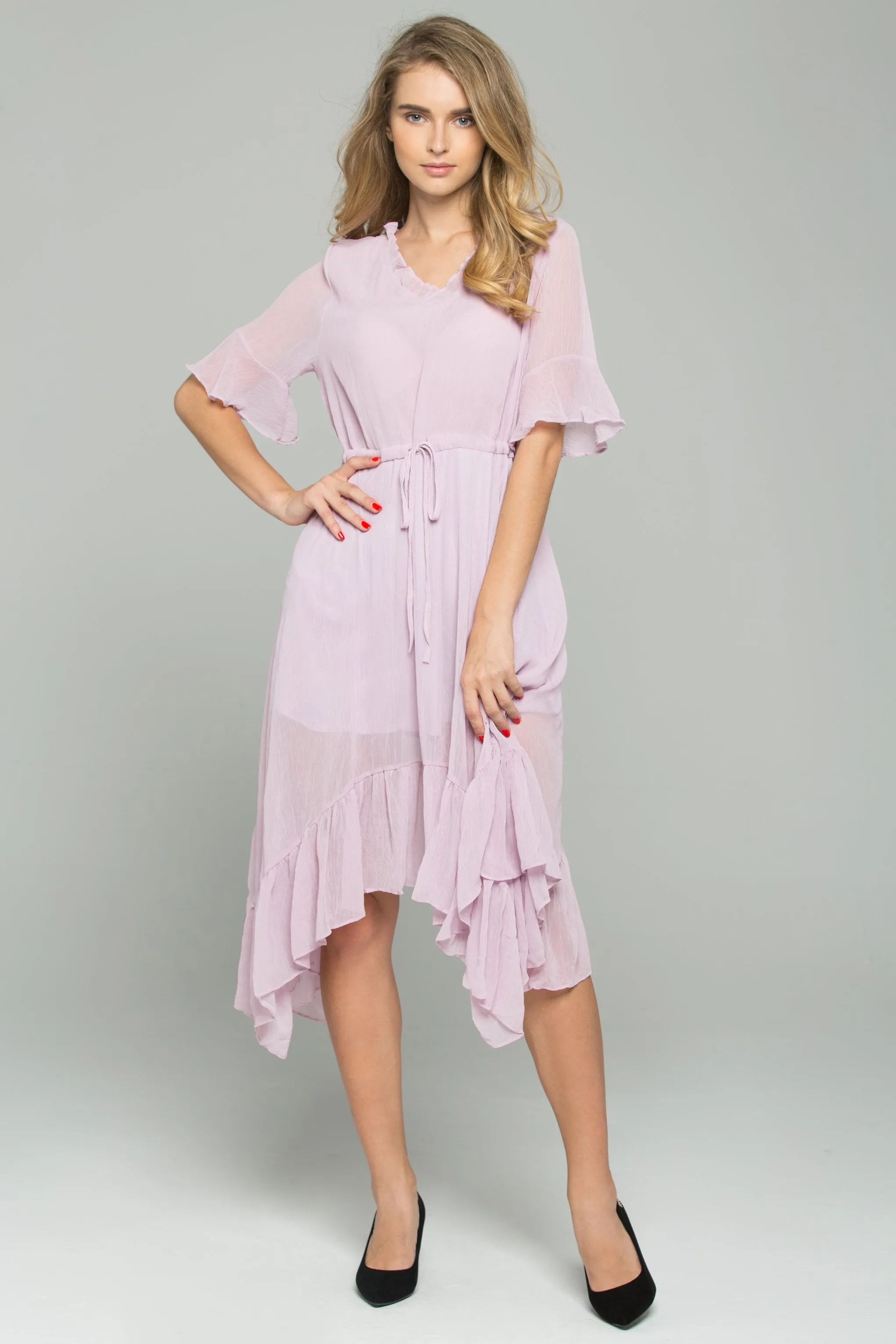 Pink Drawstring V-Neck Ruffled Midi Dress