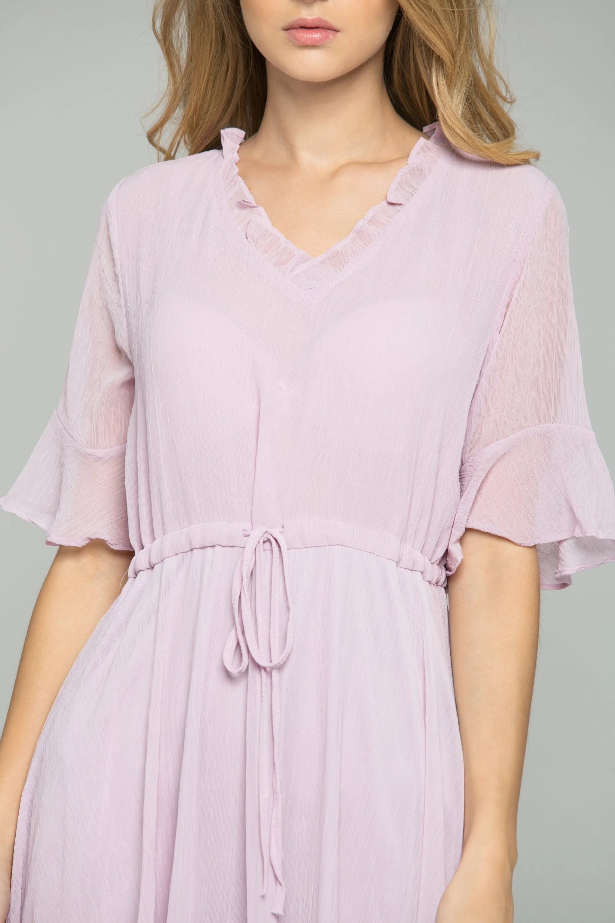 Pink Drawstring V-Neck Ruffled Midi Dress