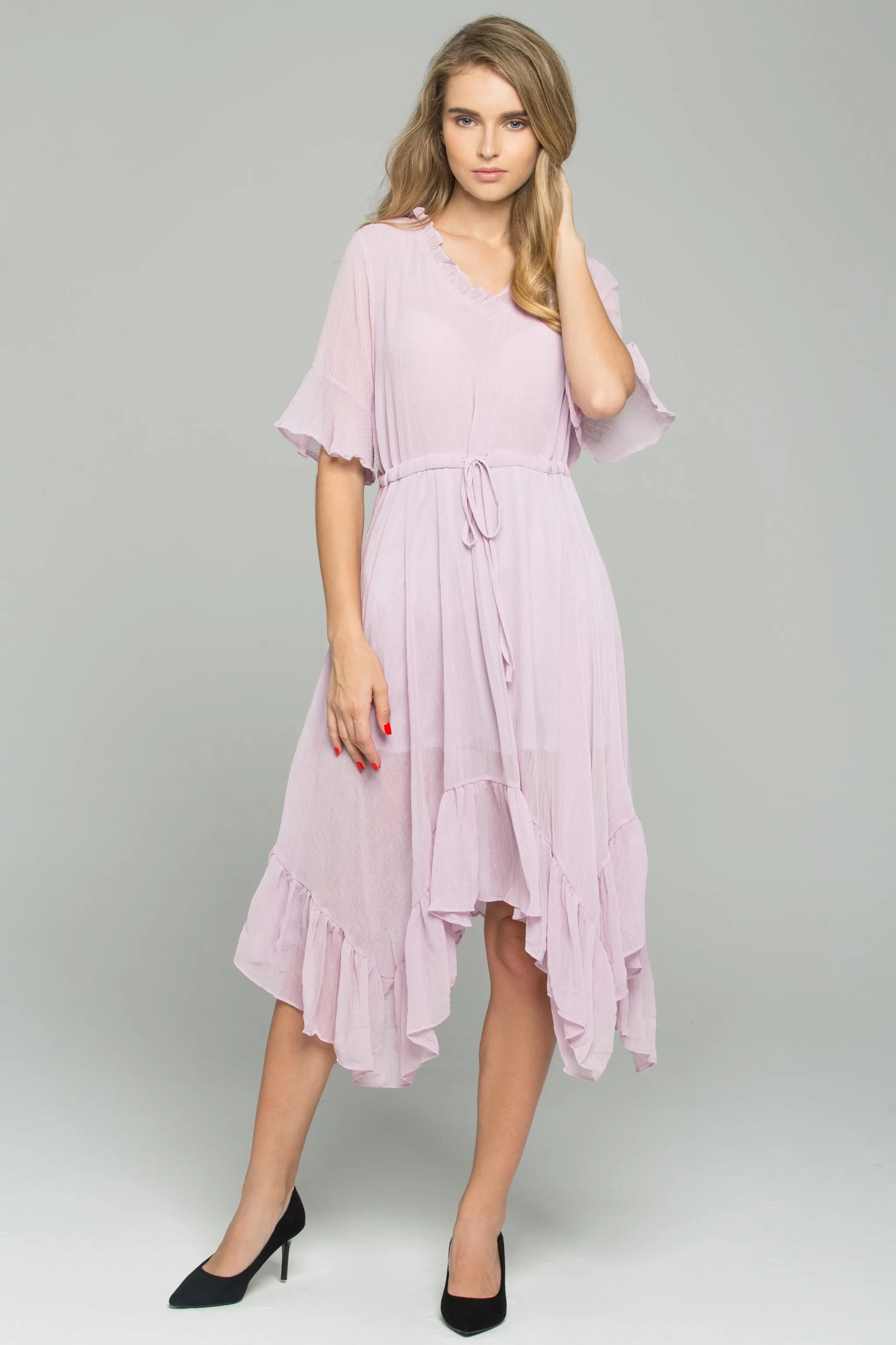 Pink Drawstring V-Neck Ruffled Midi Dress