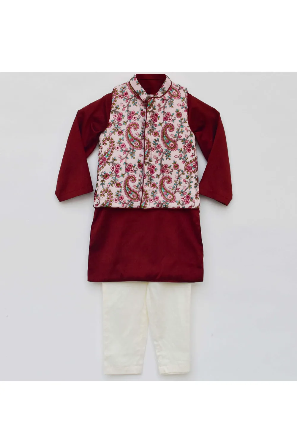 Pink embroidered jacket with maroon kurta and pant