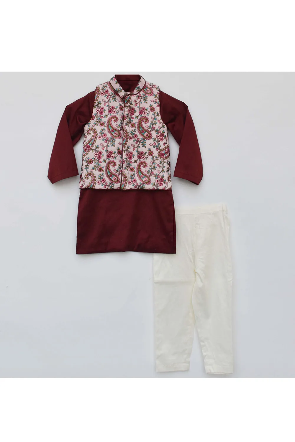 Pink embroidered jacket with maroon kurta and pant