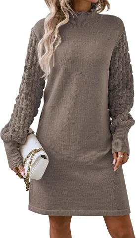 Pink Queen Women's Long Sleeve Sweater Mini Dress Casual Loose Mock Neck Empire Waist Cocktail Party Knit Short Dresses