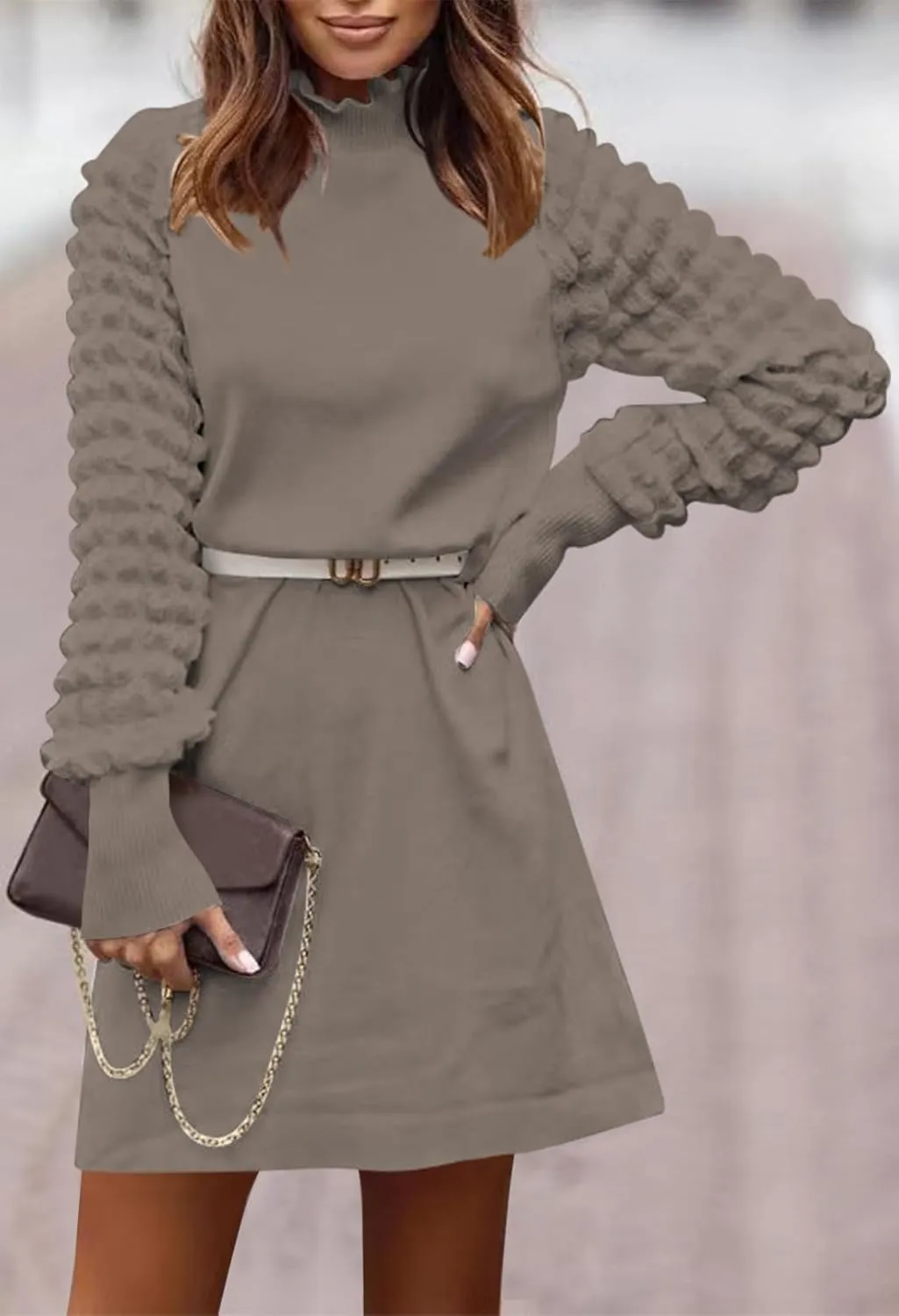 Pink Queen Women's Long Sleeve Sweater Mini Dress Casual Loose Mock Neck Empire Waist Cocktail Party Knit Short Dresses
