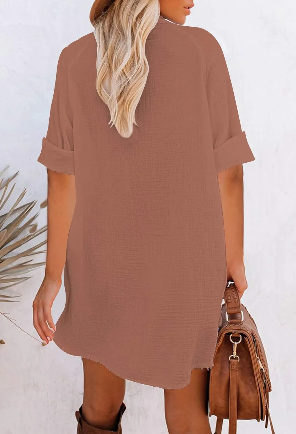 Pink Queen Women's V Neck Long Sleeve Button Down Blouse Tunic Shirt Mini Dress with Pockets