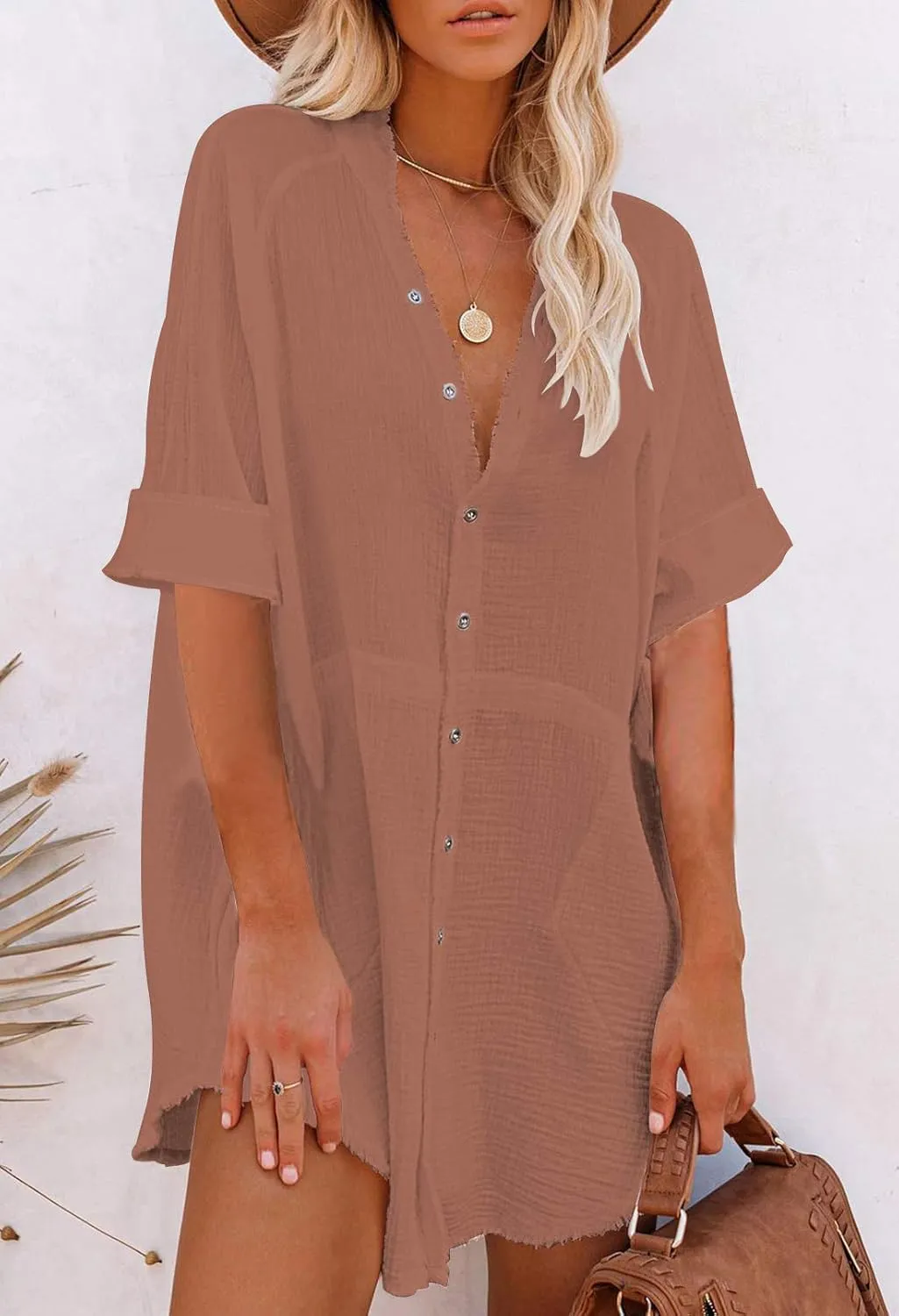 Pink Queen Women's V Neck Long Sleeve Button Down Blouse Tunic Shirt Mini Dress with Pockets