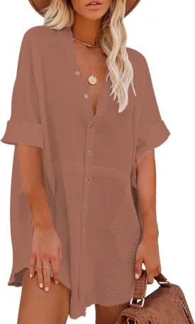 Pink Queen Women's V Neck Long Sleeve Button Down Blouse Tunic Shirt Mini Dress with Pockets