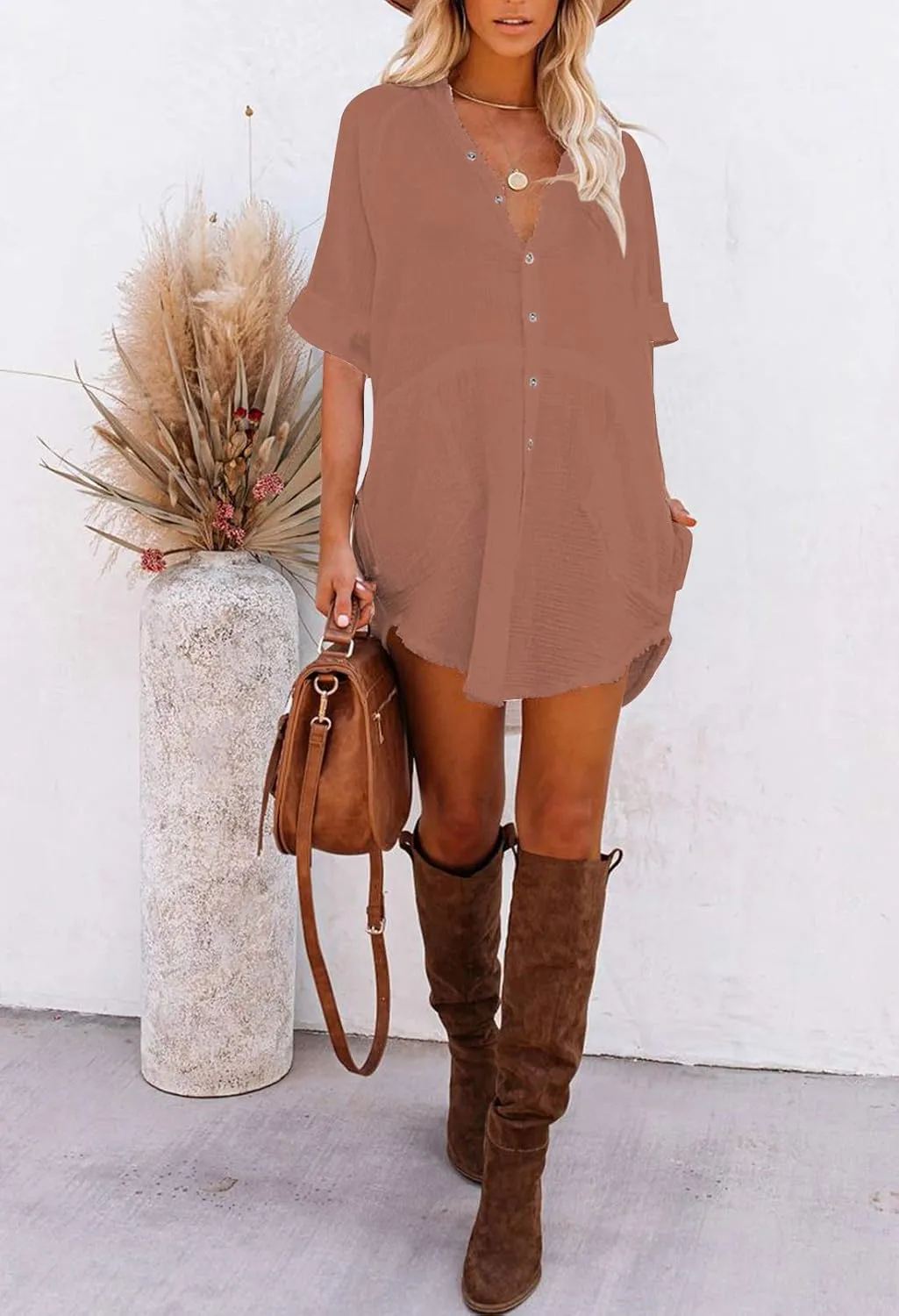 Pink Queen Women's V Neck Long Sleeve Button Down Blouse Tunic Shirt Mini Dress with Pockets