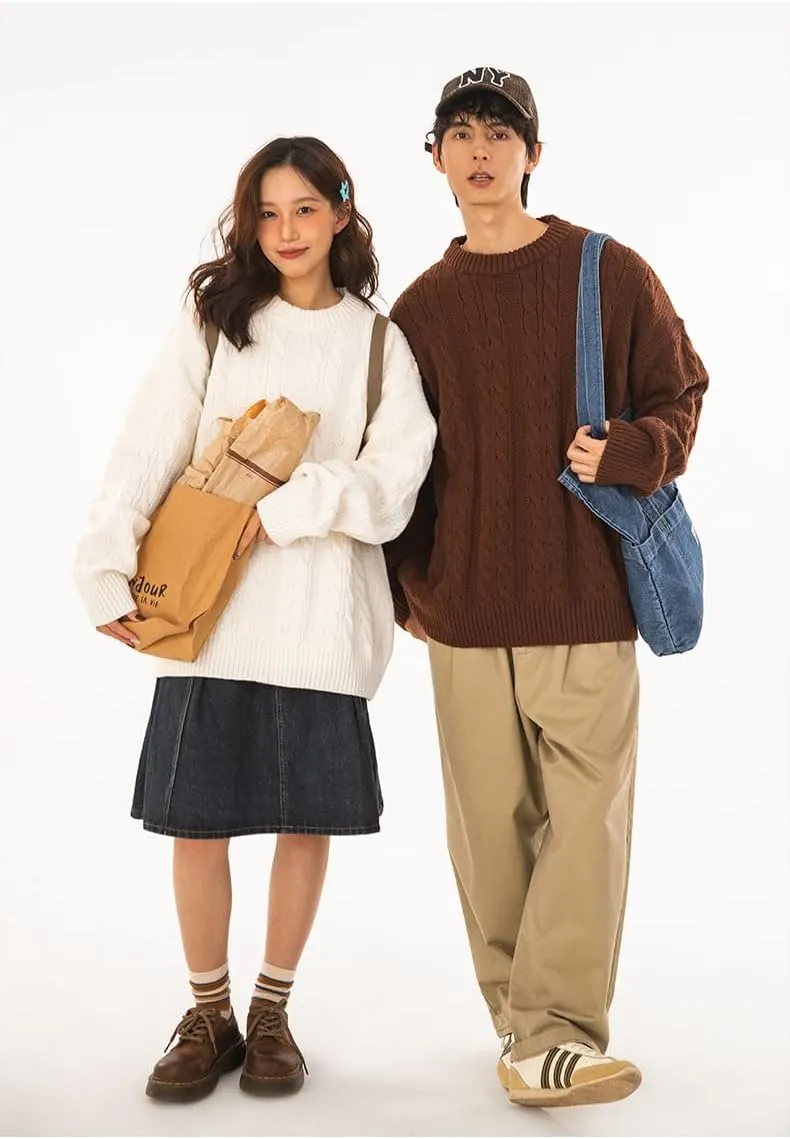 POHADON Mens Vintage Cable Knit Sweater Vintage Chunky Crewneck Long Sleeve Oversized Pullover 2025 Fall Winter Sweatshirts