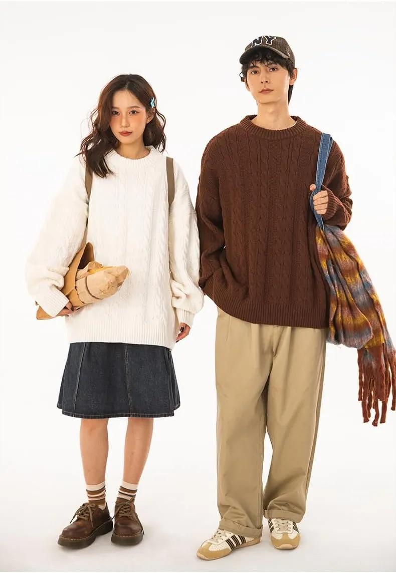POHADON Mens Vintage Cable Knit Sweater Vintage Chunky Crewneck Long Sleeve Oversized Pullover 2025 Fall Winter Sweatshirts