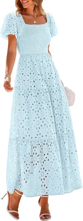 PRETTYGARDEN Summer Dresses for Women 2025 Eyelet Square Neck Puff Sleeve Smocked Wedding Guest Maxi Dress with Pockets