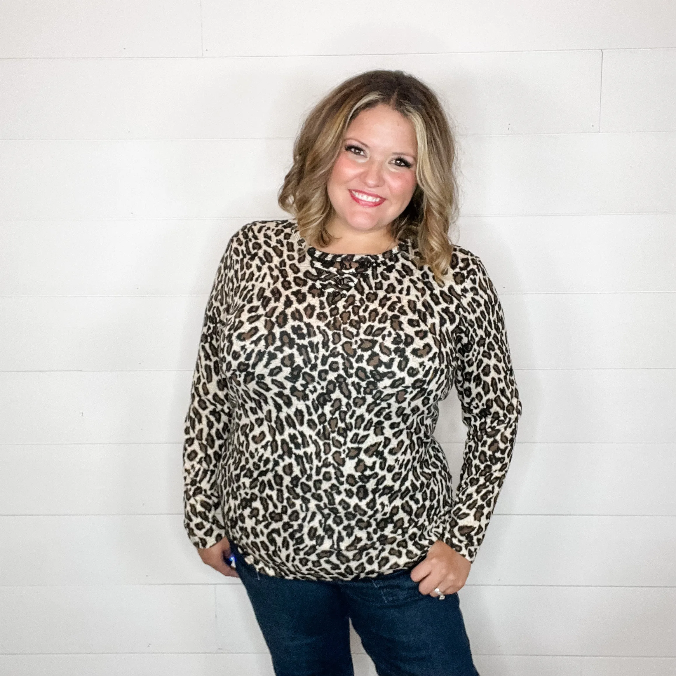 "Dixie" Animal Print Long Sleeve with Criss Cross Design (Beige)