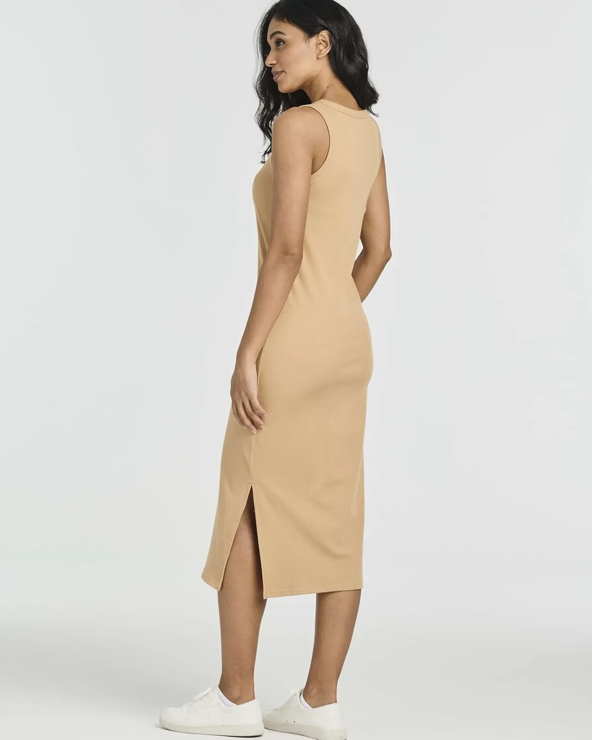 Real Essentials 3 Pack: Women's Ribbed Knit Sleeveless Crew Neck Tank Casual Midi Shift Dress with Slit