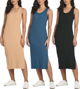 Real Essentials 3 Pack: Women's Ribbed Knit Sleeveless Crew Neck Tank Casual Midi Shift Dress with Slit