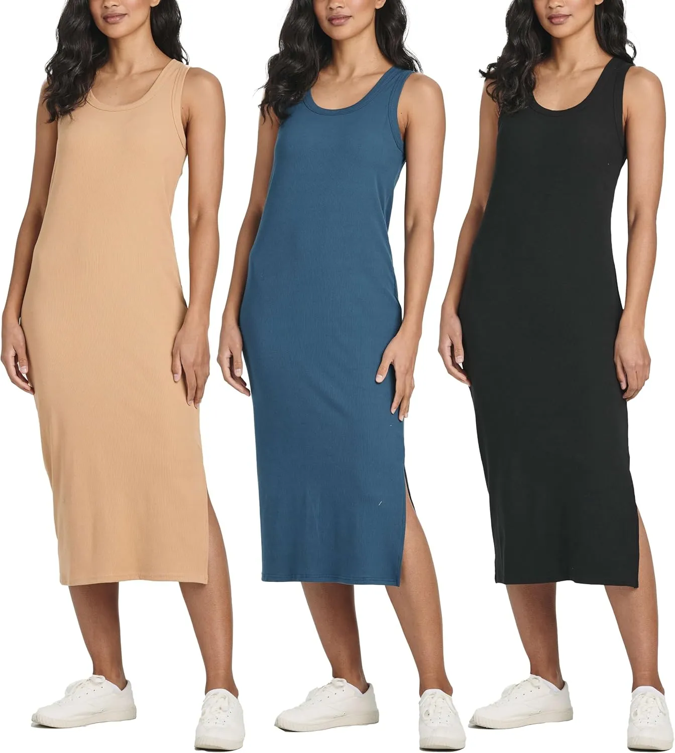 Real Essentials 3 Pack: Women's Ribbed Knit Sleeveless Crew Neck Tank Casual Midi Shift Dress with Slit
