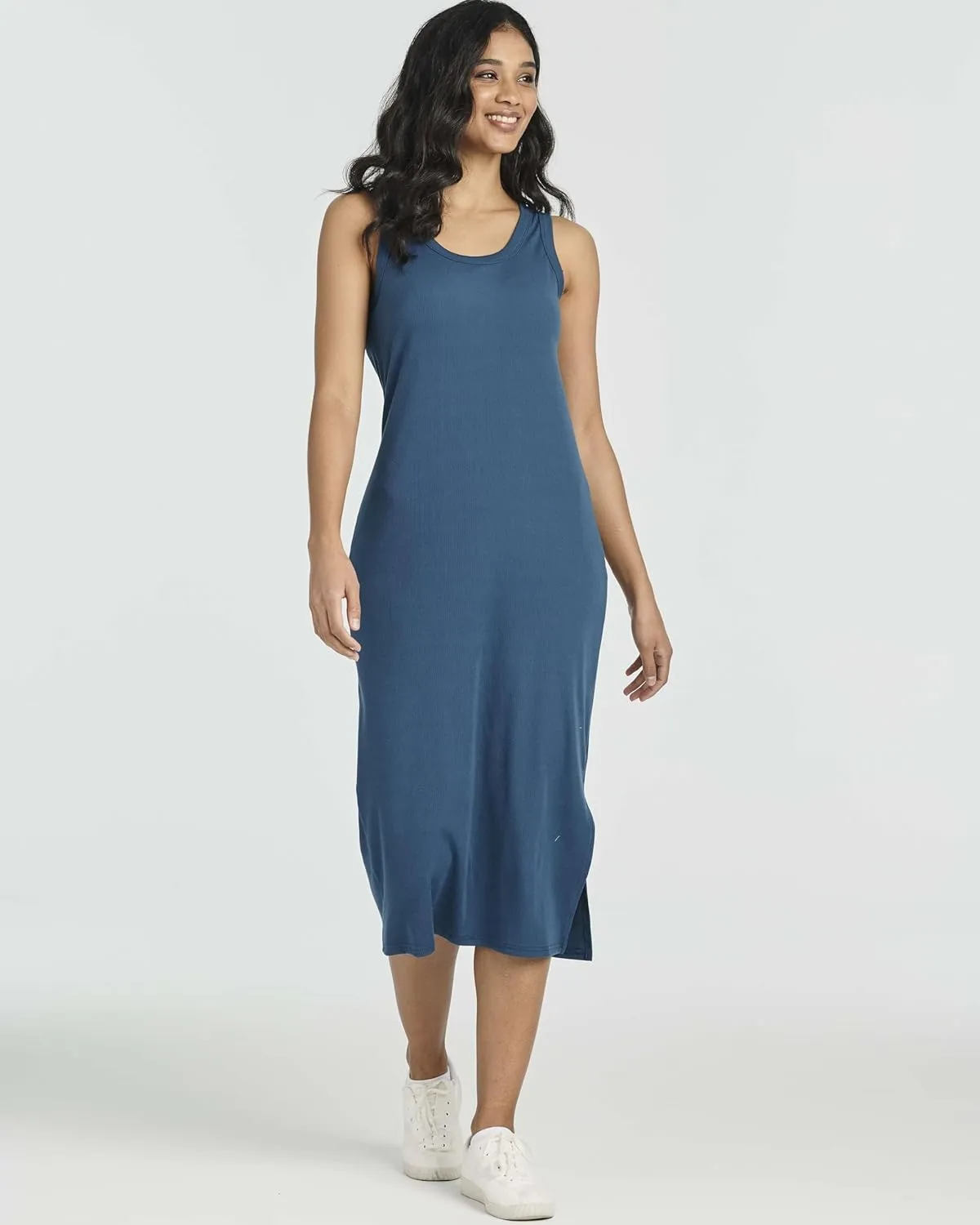 Real Essentials 3 Pack: Women's Ribbed Knit Sleeveless Crew Neck Tank Casual Midi Shift Dress with Slit