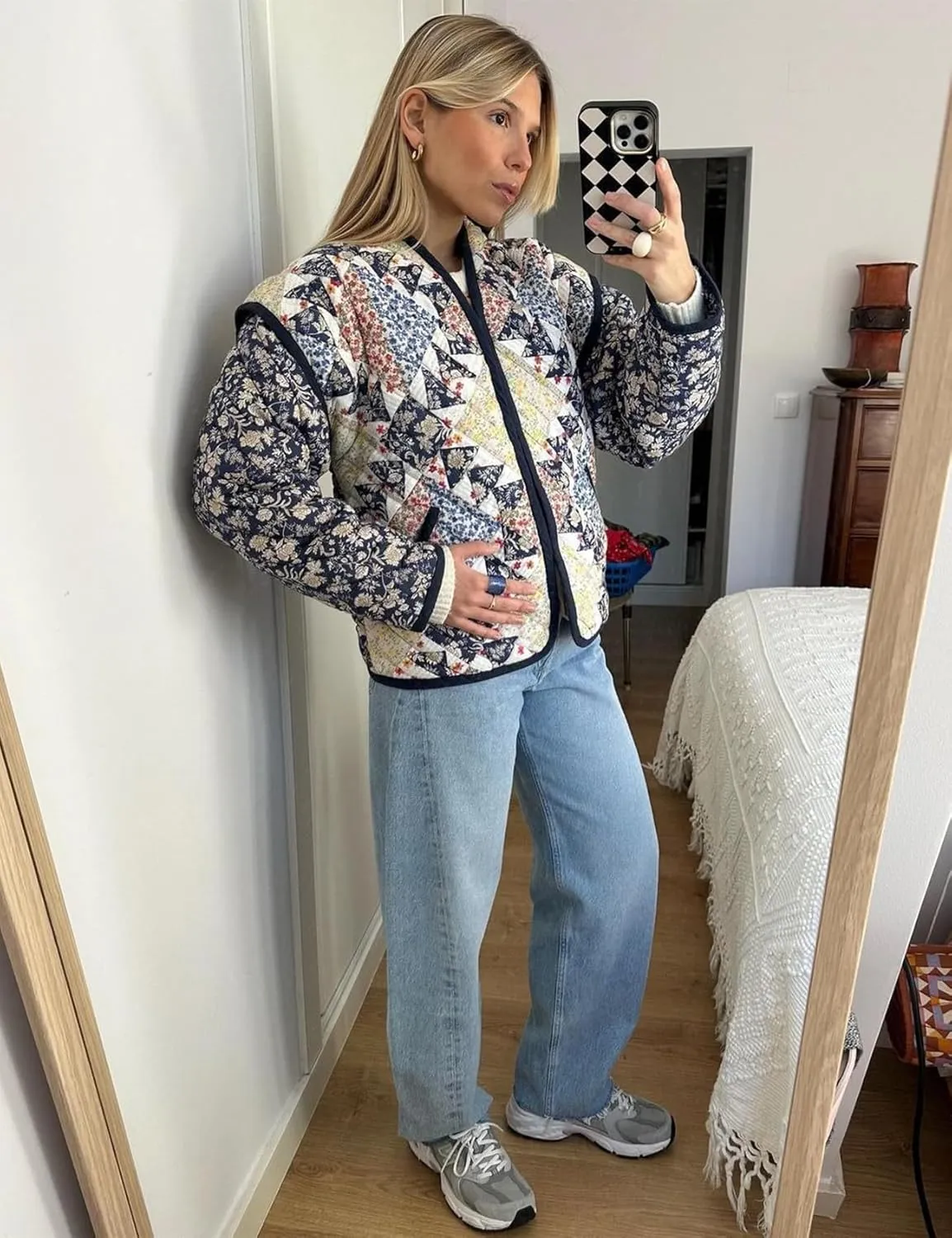ROJZR Women's Cropped Puffer Quilted Jacket Lightweight Floral Printed Open Front Padded Cardigan Coat Outwear