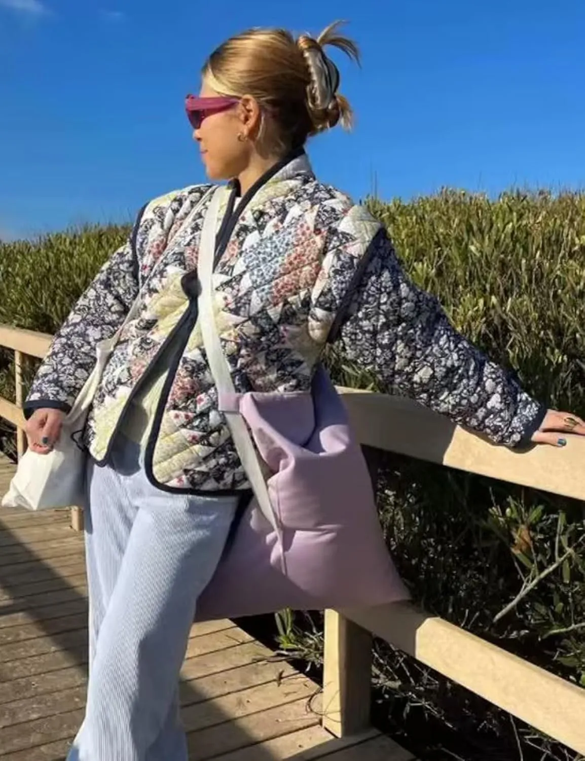 ROJZR Women's Cropped Puffer Quilted Jacket Lightweight Floral Printed Open Front Padded Cardigan Coat Outwear