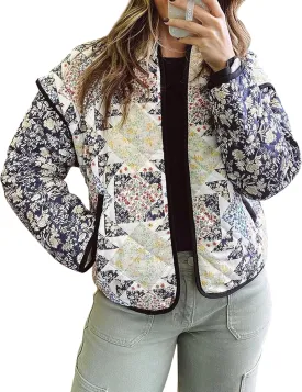 ROJZR Women's Cropped Puffer Quilted Jacket Lightweight Floral Printed Open Front Padded Cardigan Coat Outwear