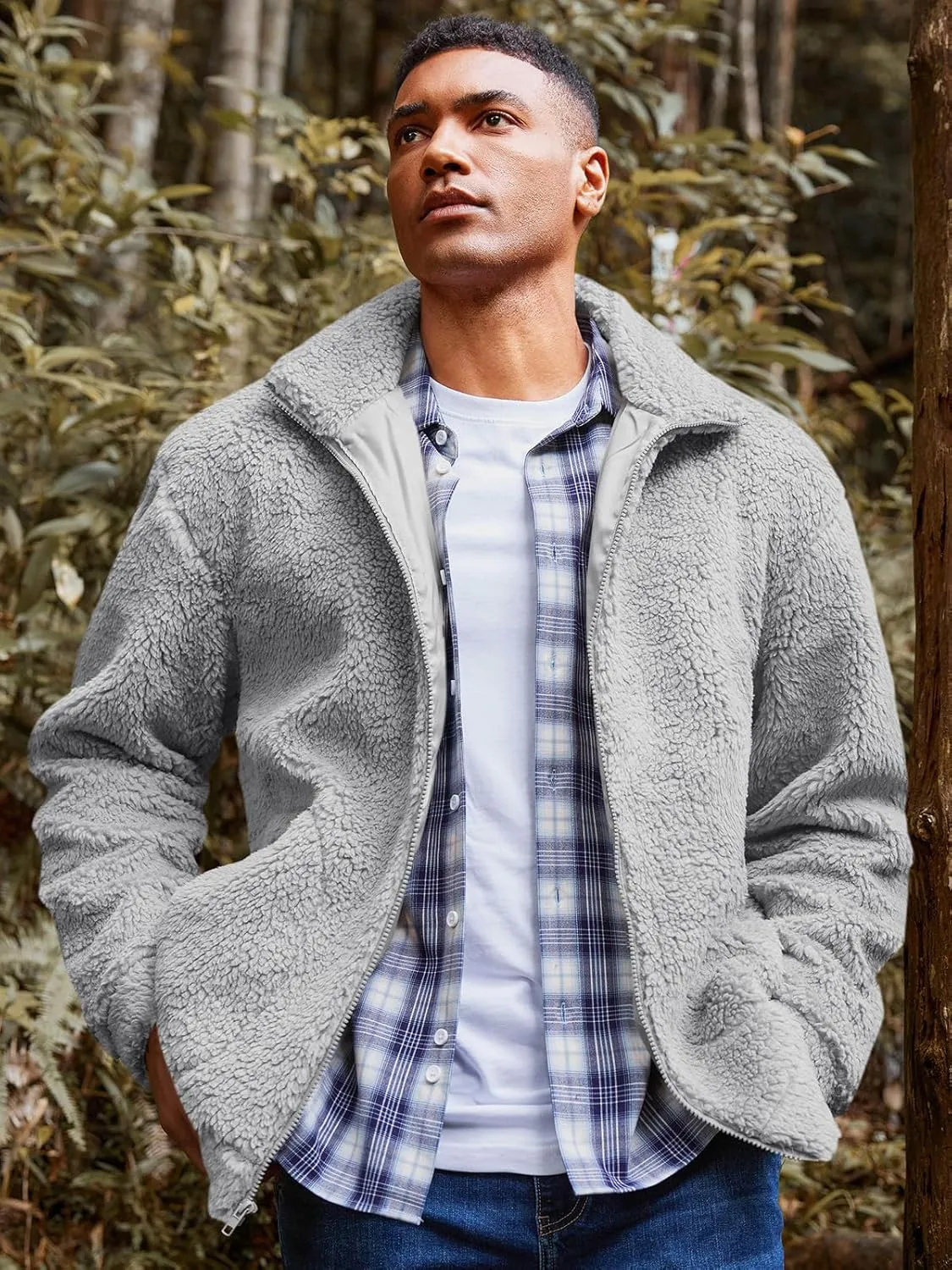 Runcati Mens Fuzzy Sherpa Jacket Long Sleeve Fleece Zip Up Coat Fall Winter Warm Outwear