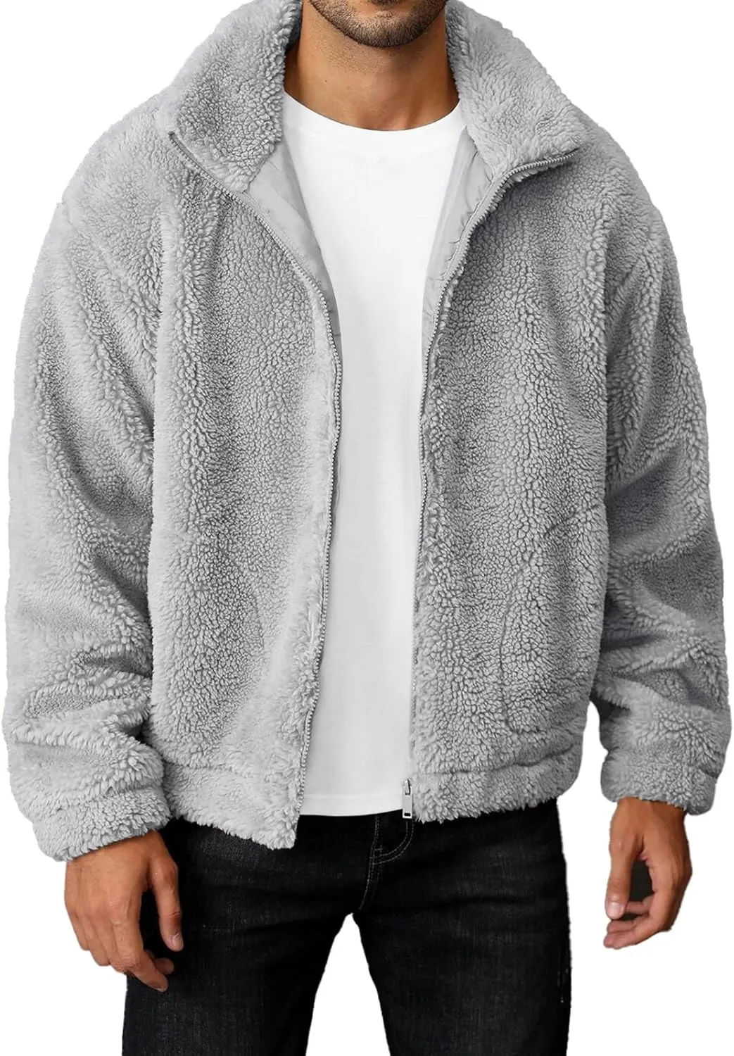 Runcati Mens Fuzzy Sherpa Jacket Long Sleeve Fleece Zip Up Coat Fall Winter Warm Outwear