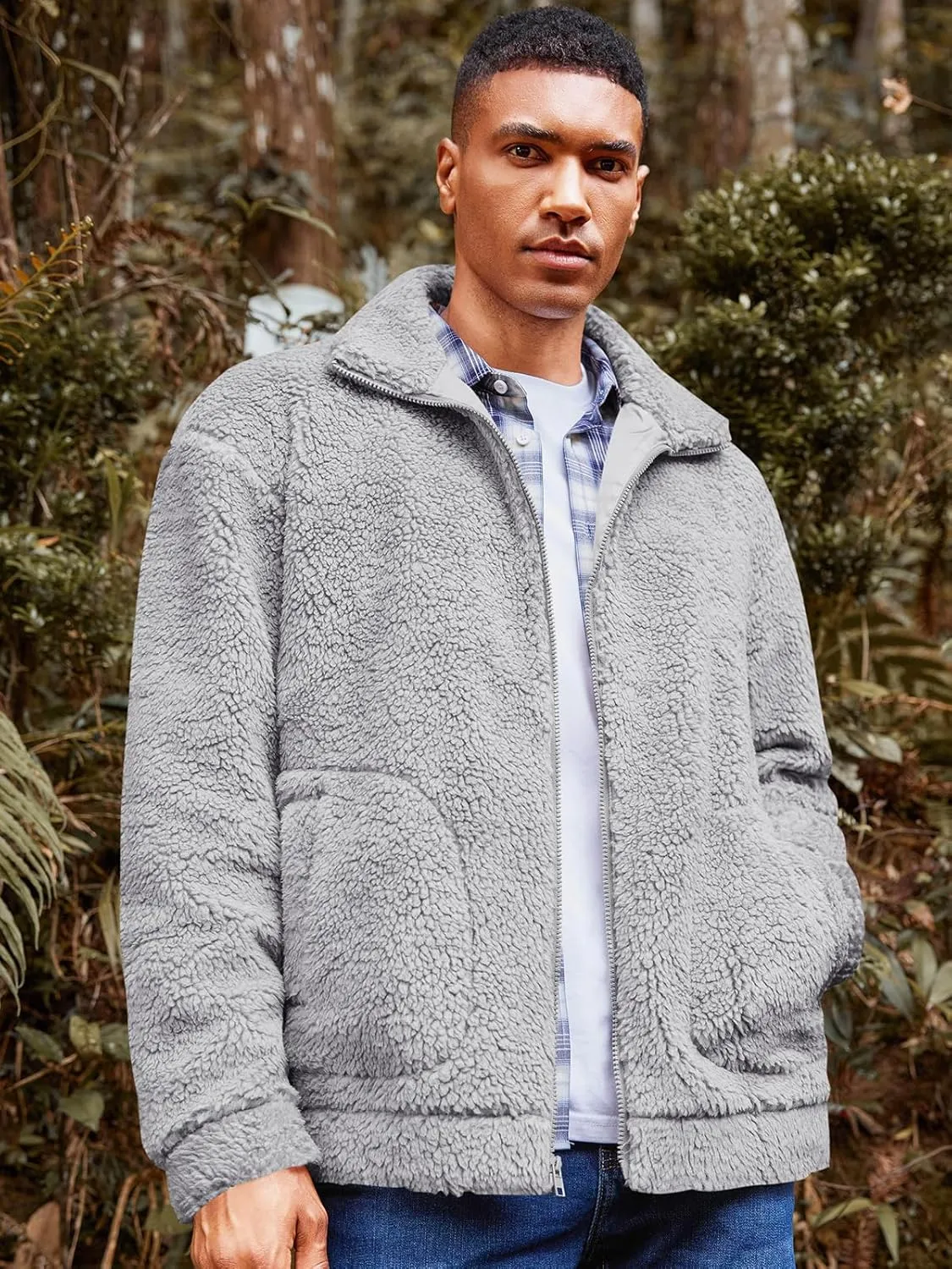 Runcati Mens Fuzzy Sherpa Jacket Long Sleeve Fleece Zip Up Coat Fall Winter Warm Outwear