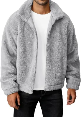 Runcati Mens Fuzzy Sherpa Jacket Long Sleeve Fleece Zip Up Coat Fall Winter Warm Outwear