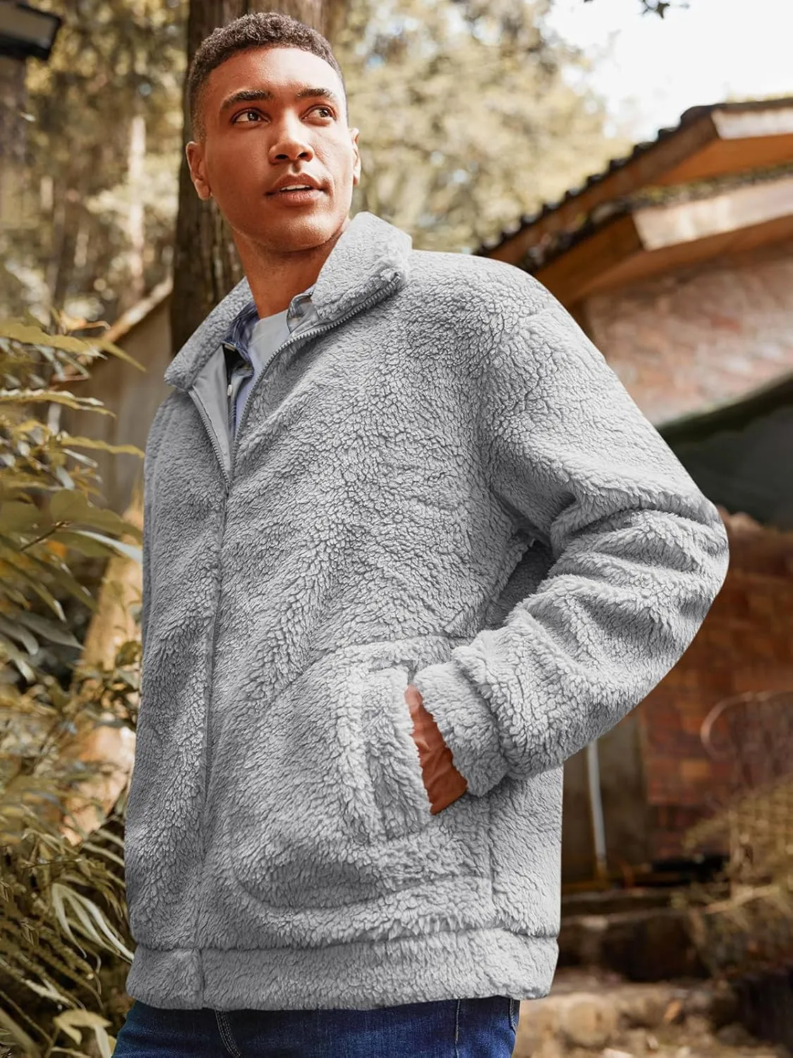Runcati Mens Fuzzy Sherpa Jacket Long Sleeve Fleece Zip Up Coat Fall Winter Warm Outwear